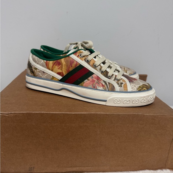 Gucci Women's Floral Sneakers - Cream and Green - Picture 1 of 6